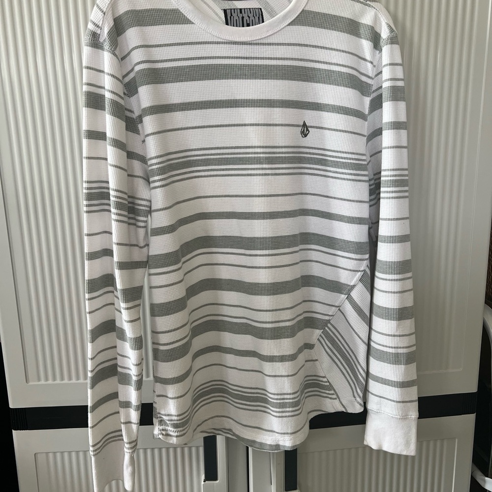 Volcom Men's White and Gray Striped Shirt